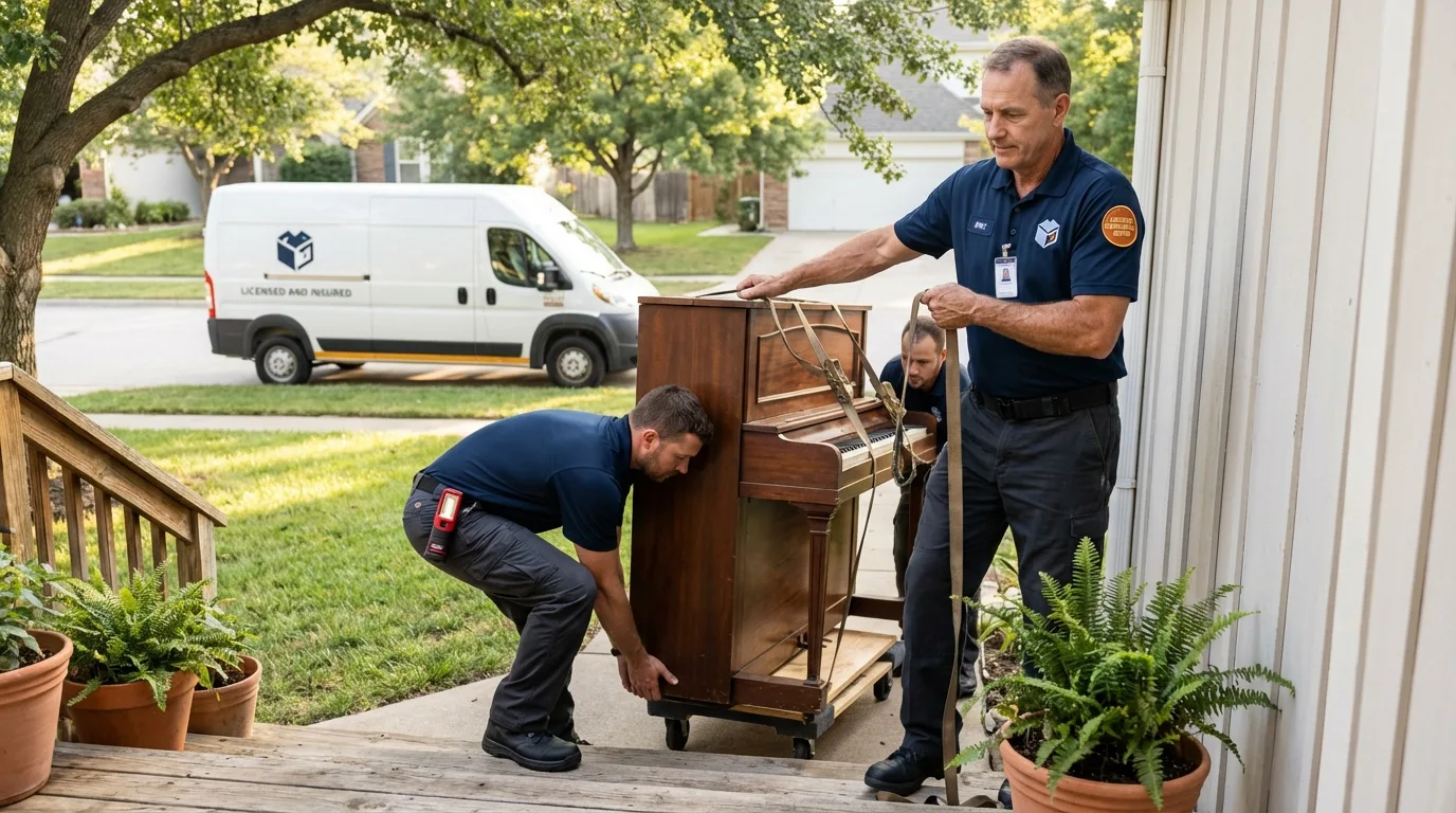 Licensed piano movers securing grand piano in Winona, MS